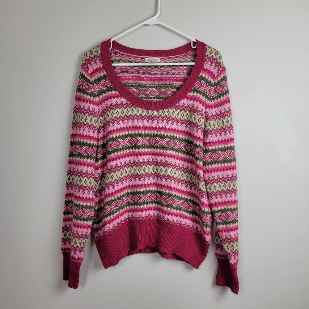 Vintage Fair Isle Fuzzy Comfy Rabbit Hair Pink Brown Scoop Neck Knit Sweater